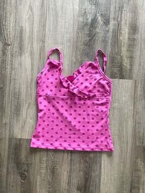 Shameless Vintage Y2K Pink Flocked Polka Dot Ruffle Camisole Tank Top
